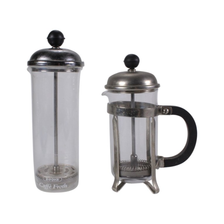 2 Pc Bonjour Caffe Froth and Unmarked French Press: Est. $20-40. Bonjour Caffe Froth and Unmarked 3 Cup French Press Coffee Makers. French Press coffee makers. One marked Bonjour Caffe Froth. The other maker unknown but marked Made in France Heat Resis
