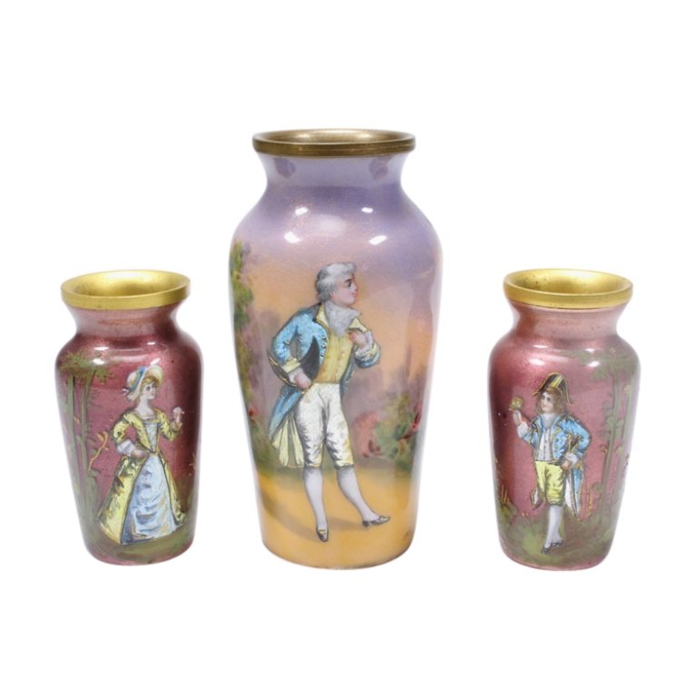 Lot of 3 French Enameled Diminutive Vases: Est. $ 250 - 400 Lot of 3 French Enameled Diminutive Vases. Tallest measures 3.375 inches tall. Signed A. LEO. Short pair measure 2.25 inches tall. Unsigned.