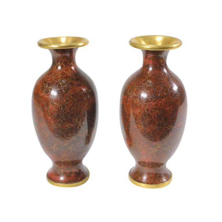 2 Cloisonné Vases: Est. $ 30 - 45 2 Cloisonné Vases. A matched pair of two mid century 70s PRC cloisonné vases in unused condition.