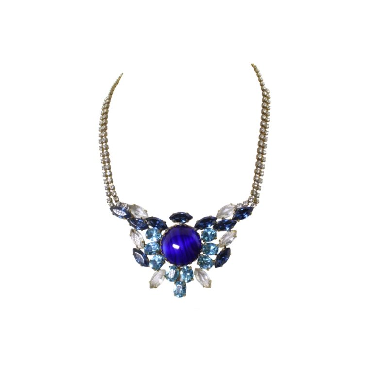Vintage Rhinestone Necklace: Est $50-100 Vintage Rhinestone Necklace. Gold tone necklace with multi colored rhinestones. Round blue glass center. 18 inches long.