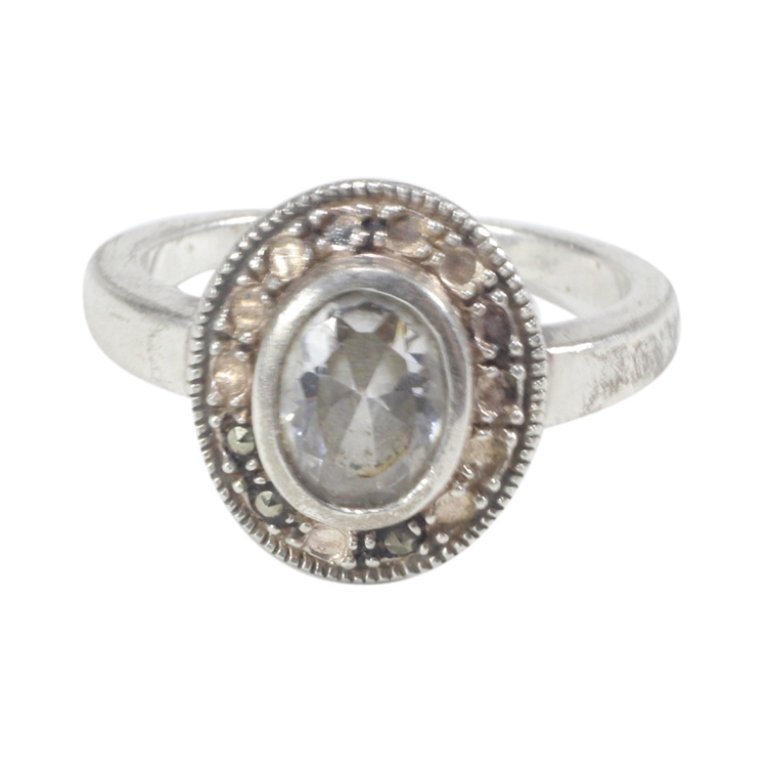 CZ Marcasite Beaded Oval Ring Size 6.5: Est. $ 10 - 20 CZ Marcasite Beaded Oval Ring Size 6.5. Missing 11 Marcasites, Size 6.5, Weighs 3.8 Grams