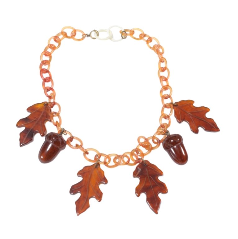 Celluloid Chain Bakelite Leaves Acorns Necklace (1 of 2)