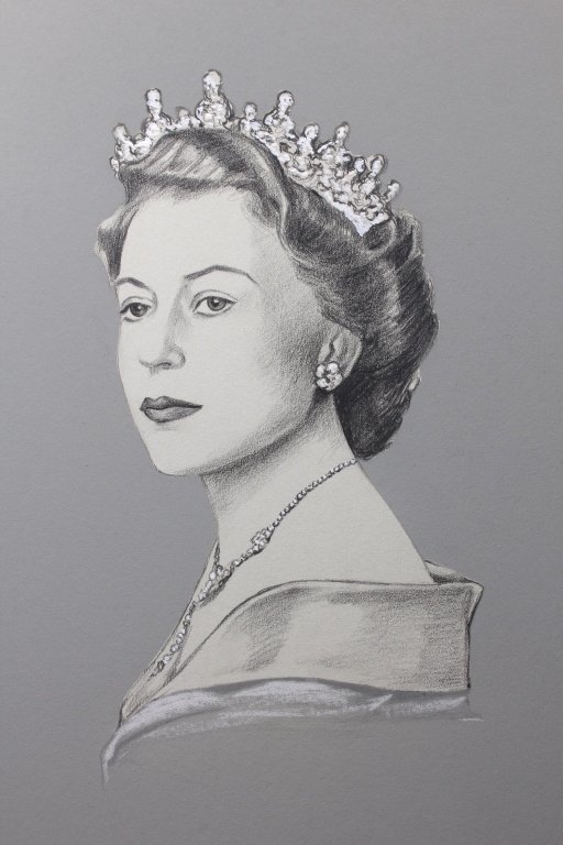 Charcoal and Pencil Portrait of Queen Elisabeth II: Est. $ 75 - 150 Charcoal and Pencil Portrait of Queen Elisabeth II. An 18 X 15inch portrait of Queen Elisabeth II as she appeared at her accession in 1952. From the collection of famous adman/civil ri