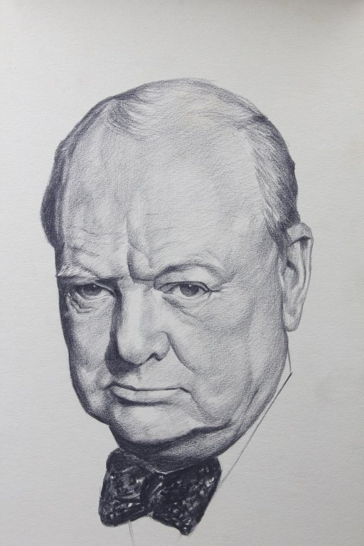 Charcoal and Pencil Portrait of Winston Churchill: Est. $ 150 - 300 Charcoal and Pencil Portrait of Winston Churchill. An 18 X 10inch portrait of Prime Minister, Sir Winston Churchill taken from a wartime photograph. From the collection of famous adma