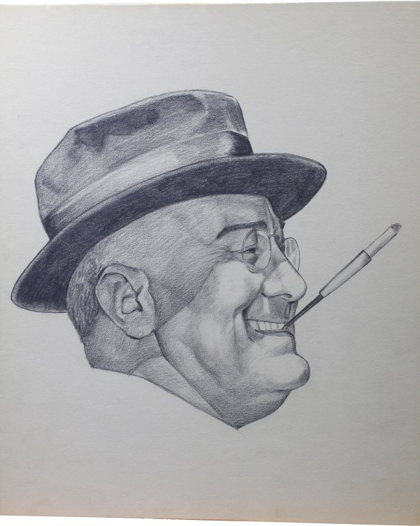 Portrait of Franklin D. Roosevelt: Est. $ 100 - 150 Charcoal and Pencil Portrait of Franklin D. Roosevelt. A 15 X 13 inch charcoal and pencil portrait. Taken from an AP photo at Warm Springs, Ga. "FDR at the Wheel" and from the collect