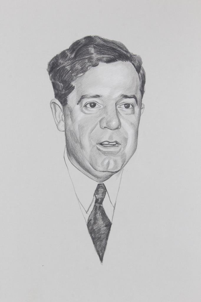 Charcoal and Pencil Portrait of Huey P. Long: Est. $ 50 - 75 Charcoal and Pencil Portrait of Huey P. Long. A 17 X 20inch portrait of Louisiana Governor Huey P. Long with a rather surprised look upon his face. From the collection of famous adman/c