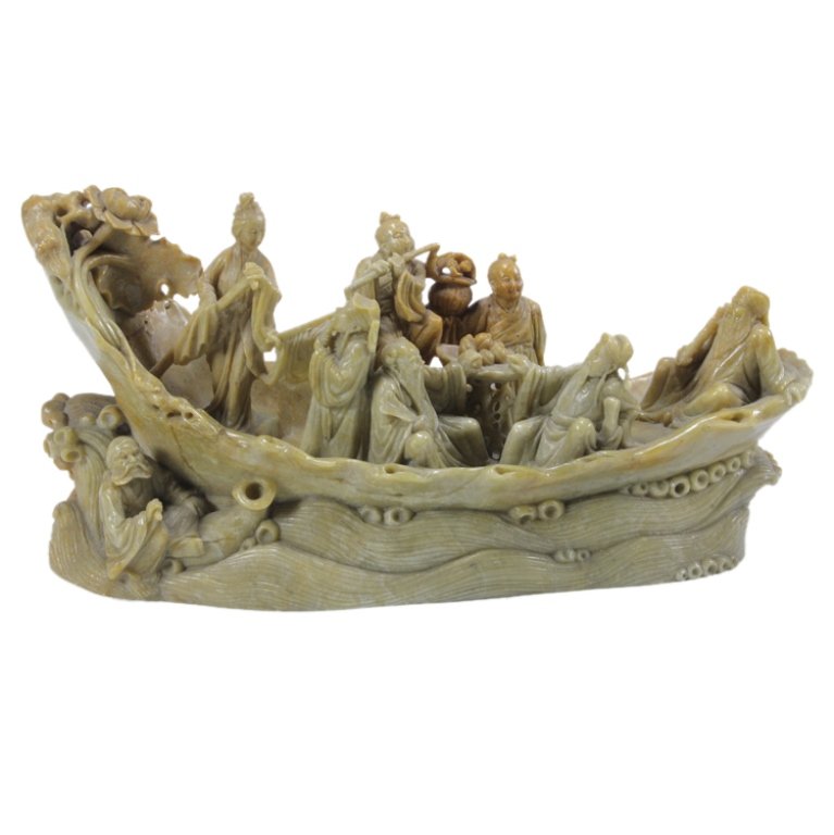Chinese Soapstone Carving: Est. $ 120 - 240 Chinese Soapstone Carving. A soapstone carving from China depicting the Eight Immortals upon their mythical journey to the conference of the Magical Peach. All eight Immortals are pre