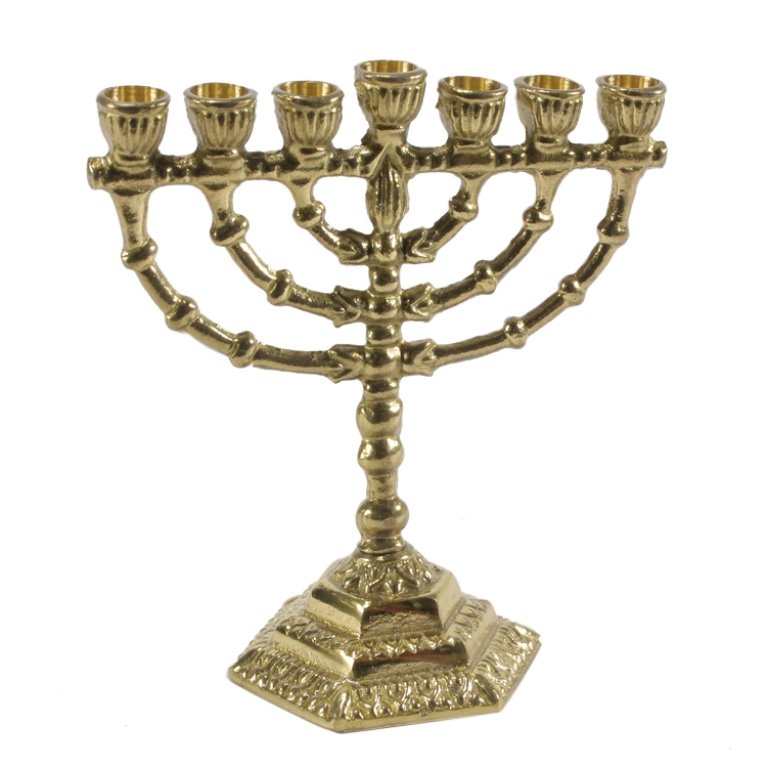 Small Gold Tone Menorah: Est. $ 10 - 20 Small Gold Tone Menorah . Measures 4.25in Tall, 3.75in Wide.