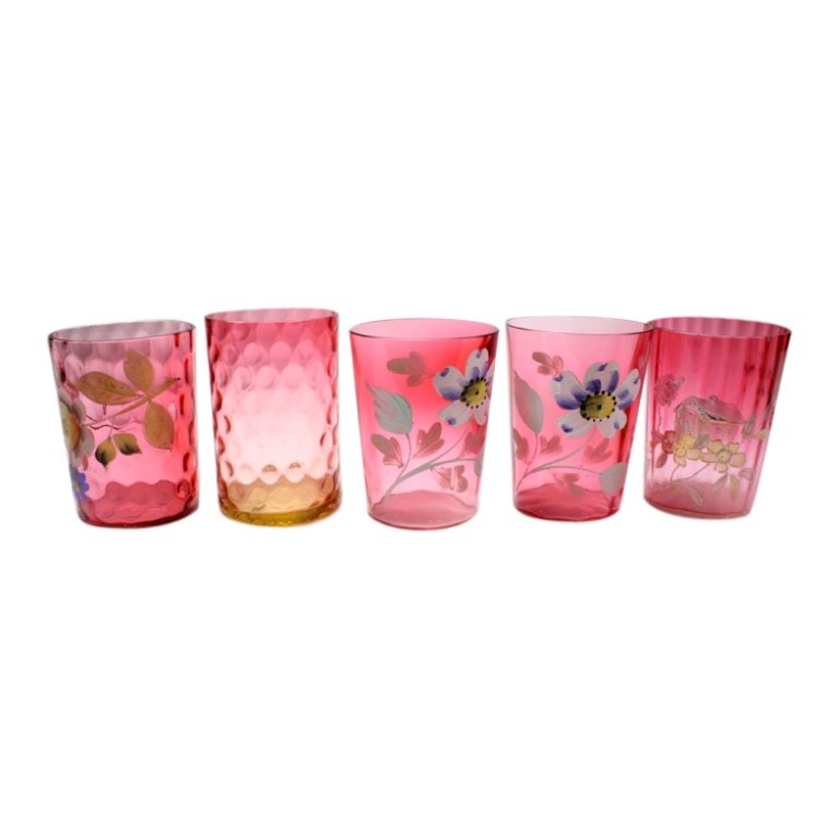 Lot of 5 Ruby Glass Painted Tumblers (1 of 2)