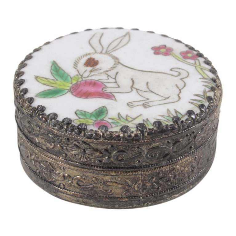 Hand Painted Silver Tone Rabbit Trinket Box (1 of 3)