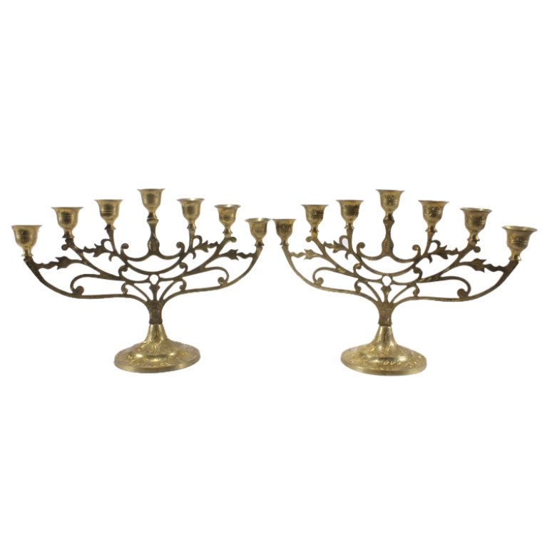 Set of 2 Etched Copper Tone Menorah: Est. $ 30 - 60 Set of 2 Etched Copper Tone Menorah . 13.75in Wide, 9in Tall.