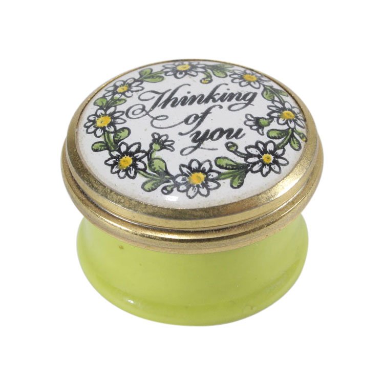 Halcyon Days Bilston and Battersea Pill Box: Est. $ 100 - 150 Halcyon Days Bilston and Battersea Pill Box. Measures approx. 0.75 inches. Lid says Thinking of You. Marked Bilston and Battersea Enamels Designed by Halcyon Days London Made in Engla