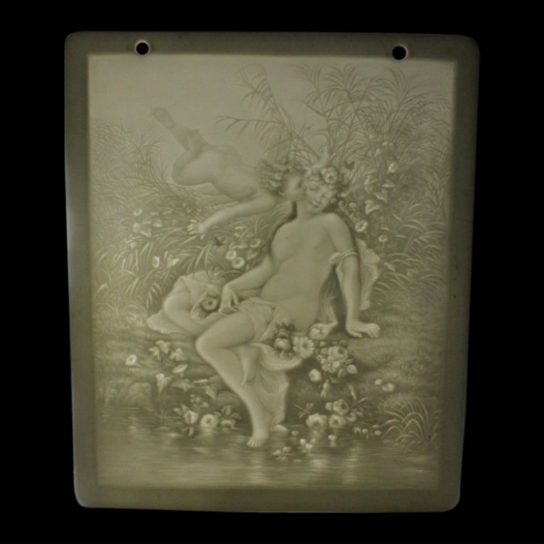 Porcelain Cupid and Nude Lithophane Panel: Est. $ 50 - 100 Porcelain Cupid and Nude Lithophane Panel. Measures 4.25 inches by 5.125 inches. Marked PR Sickle 1416.
