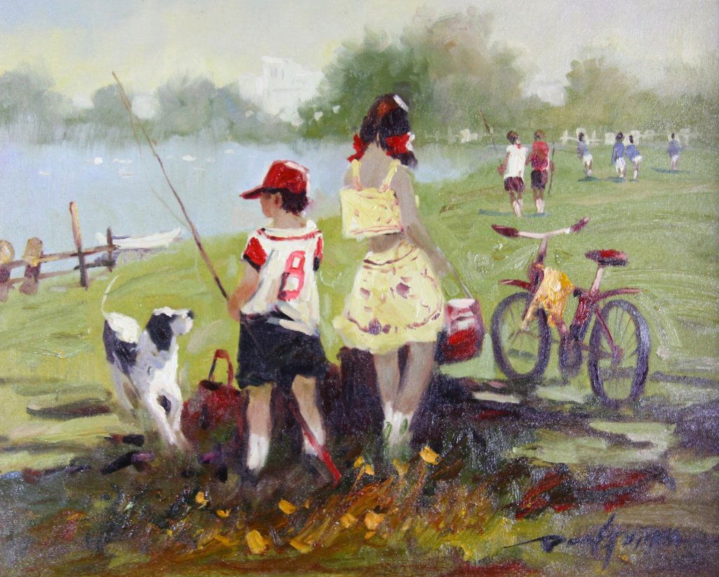 Boy Fishing with Dog & Girl Painting: Est. $ 150 - 300 Boy Fishing with Dog & Girl Painting. Original oil on canvas. Signed lower right Grima. Painting is 24 x 20. Frame is 33.5 x 29.5.