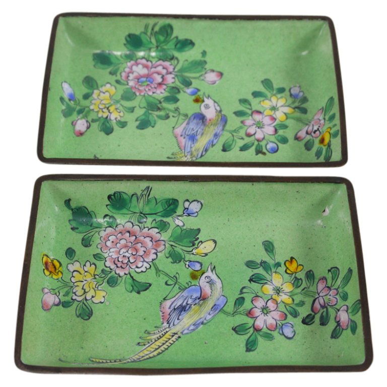 Set of 2 Asian Enameled Copper Trays (1 of 4)