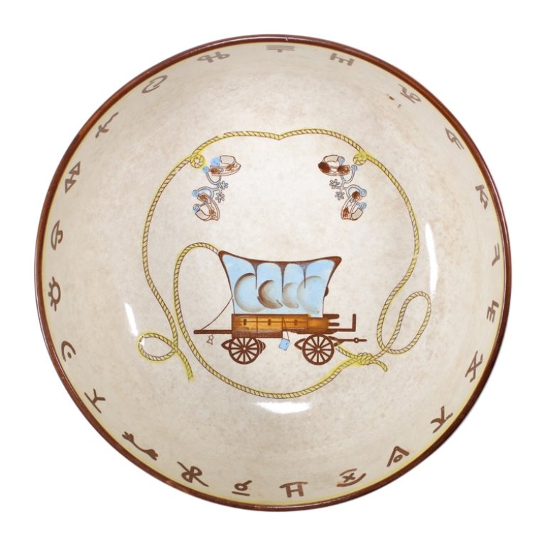 Vintage Fred Roberts Western Theme Serving Bowl: Est. $ 40 - 80 Vintage Fred Roberts Western Theme Serving Bowl. Measures 10 inches in diameter and 3.75 inches tall. Western theme. Some crackling due to age.