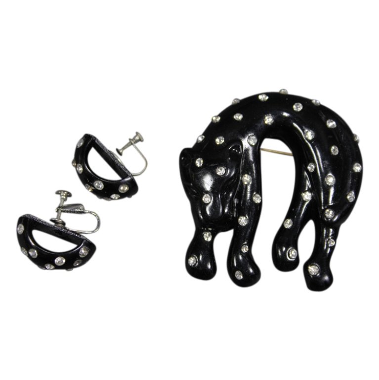 Rhinestone Panther Pin Brooch & Earrings: Est. $ 30 - 50 Rhinestone Panther Pin Brooch & Earrings. Unmarked. Panther with rhinestones is approx. 2.5 x 3 inches. Earrings are approx. 1 inch tall.