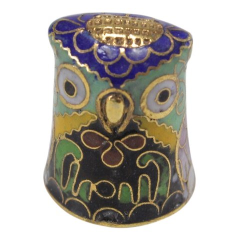 Cloisonne Thimble: Est. $ 10 - 15 Cloisonne Thimble. An average size cloisonne thimble in a figural owl shape.