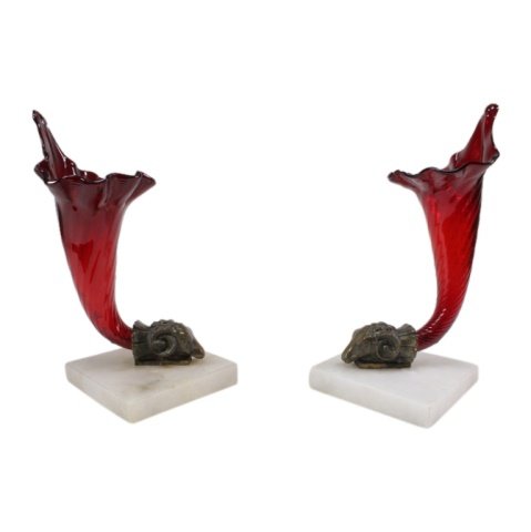 Pair Red Glass Vase with Ram's Head Finial (1 of 2)