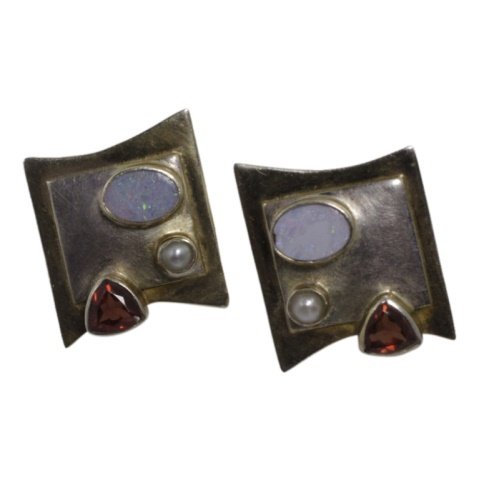 Modernist Two Tone Earrings with Gemstones (1 of 2)