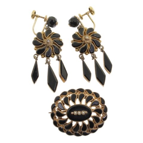 Vintage Onyx Earring Brooch Set in 14k Gold (1 of 2)