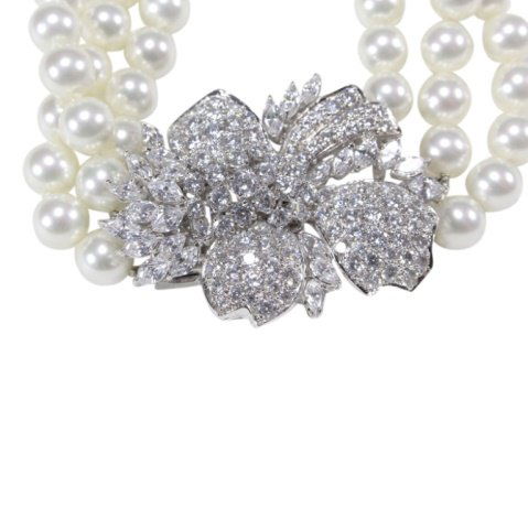 Faux Pearl and Rhinestone Three Strand Necklace (1 of 3)