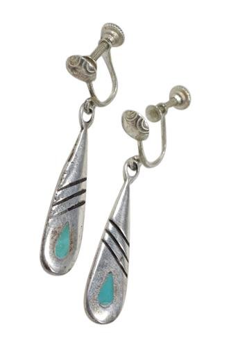 Sterling Dangle Earrings with Turquoise: Est. $20 - 30 Sterling Dangle Earrings with Turquoise. Screwback earrings marked Sterling, approx. 1.5 inches long and weighs approx. 5.6 grams.