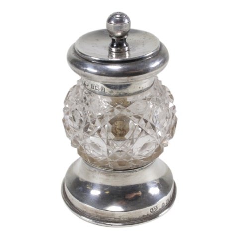 Mappin & Webb Cut Glass Pepper Mill: Est. $ 30 - 80 Mappin & Webb Cut Glass Pepper Mill. Marked Peugeot Freres grind. Mappin & Webb hallmark, anchor, lion, letter u. Measures 3.5 inches. Dent on base.