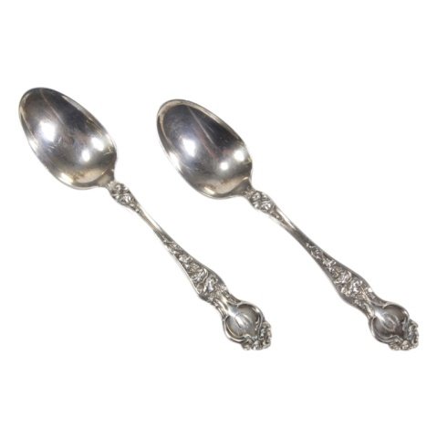 2 Wallace Silversmiths Sterling Demitasse Spoons: Est. $ 15 - 30 Set of 2 Wallace Silversmiths Sterling Violet Demitasse Spoons. Measures 4 inches. Total weight 15.1 grams. R.W. & S. Sterling on back of spoon. Monogrammed.