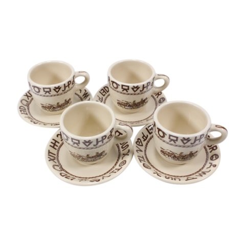 Set of 4 True West Westward Ho Cups and Saucers: Est. $ 100 - 200 Set of 4 True West Westward Ho Cups and Saucers. Cups measure 3.25 inches tall. Saucers measure 5.75 inches in diameter. Both marked Westward Ho Rodeo Pattern. Saucer also marked True