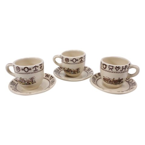 Set of 3 True West Westward Ho Cups and Saucers: Est. $ 100 - 200 Set of 3 True West Westward Ho Cups and Saucers. Cups measure 3.25 inches tall. Saucers measure 5.75 inches in diameter. Both marked Westward Ho Rodeo Pattern. Saucer also marked True