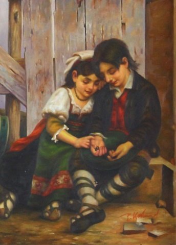 Boy & Girl Playing Painting: Est. $ 75 - 150 Boy & Girl Playing Painting. Original oil on board. Signed lower right P. Kolland. Painting on board measures 12.5 x 16 inches. Frame measures 23 x 27 inches.