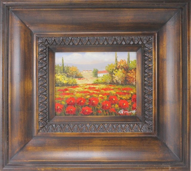 Original Oil on Canvas Floral Landscape: Est. $125 - 250 Original Oil on Canvas Floral Landscape. Oil on canvas landscape with heavy floral foreground. Signed Grant lower right. Wood frame. 21.25 inches x 19.25 inches overall.