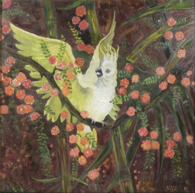 Oil on Board by Stark Davis: Est. $ 1500 - 2500 Stark Davis, Oil on Board. Artist Stark Davis (American 1885-1950). Large bird and floral oil on board. Signed lower right. Small spot on upper right maybe loss to paint. Image 29 x