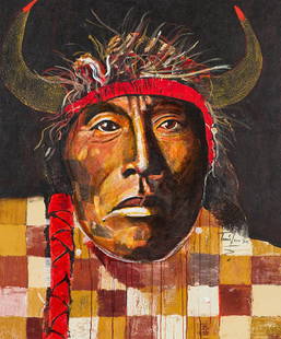 Tomas Lasansky 'Indian with Checked Coat': Tomas Lasansky (American, b. 1957) 'Indian with Checked Coat' Acrylic on canvas ; 66 x 55 (in) Signed Tomas Lasansky, middle right