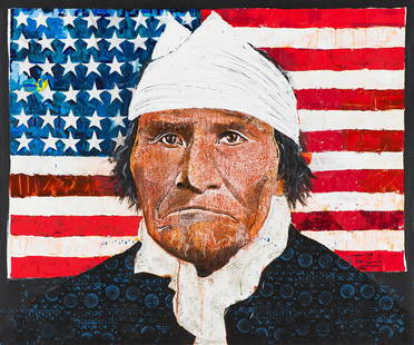 Tomas Lasansky 'Geronimo with Flag': Tomas Lasansky (American, b. 1957) 'Geronimo with Flag' Acrylic on canvas ; 55 x 66 (in) Signed Tomas Lasansky, lower right