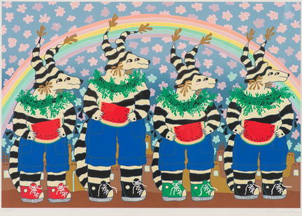 Harry Fonseca 'Coyote Koshares 4 Figures w/ Watermelon': Harry Fonseca (American, 1946-2006) 'Coyote Koshares Four Figures with Watermelon' Lithograph ed 15 of 75; 25.625 x 36.125 (in) Signed in pencil Fonseca, lower right