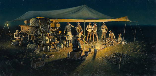 Peter Plastow 'First Night Out': Peter Plastow (American, b. 1930) 'First Night Out' 1984 Oil on canvas ; 24 x 48 (in) Signed P. Plastow © 1984, lower right and verso Windrush Gallery stamp, verso