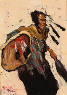 Mike Larsen 'Golden Eagle': Mike Larsen (American, b. 1945) 'Golden Eagle' Acrylic on canvas ; 12 x 9 (in) Signed Larsen, lower left Mannys of Denver gallery tag, verso