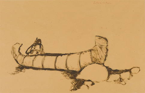 Fritz Scholder 'Indian, Canoe & Rocks': Fritz Scholder (American, 1937-2005) 'Indian, Canoe & Rocks' Acrylic on paper ; 20 x 31 (in) Signed Scholder, upper right Inspired by Edward Sheriff Curtis photograph "Embarking Kutenai" from Volume