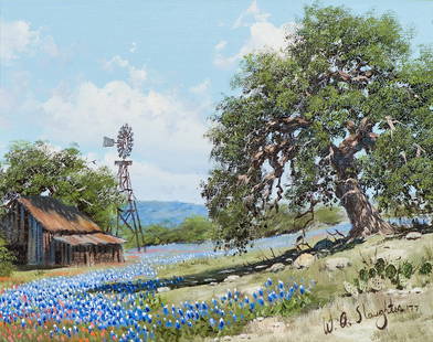 William Slaughter  'Ranch Scene with Blue Bonnets': William Slaughter (American, 1923-2003) 'Ranch Scene with Blue Bonnets' 1977; Oil on canvas ; 11 x 14 (in); Signed and dated W. Q. Slaughter '77, lower right