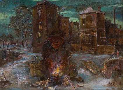 David Burliuk 'By the Fire': David Burliuk (Russian, 1882-1967) 'By the Fire' c. 1925 Oil on canvas ; 13 x 18 (in) Signed Burliuk, lower right and verso