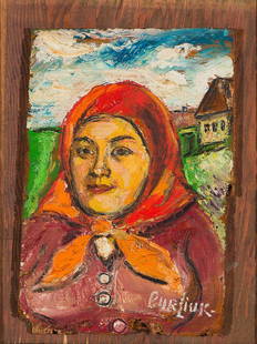 David Burliuk 'Russian Woman': David Burliuk (Russian, 1882-1967) 'Russian Woman' Oil on board mounted on wood ; 12 x 10 (in) Signed Burliuk, lower right