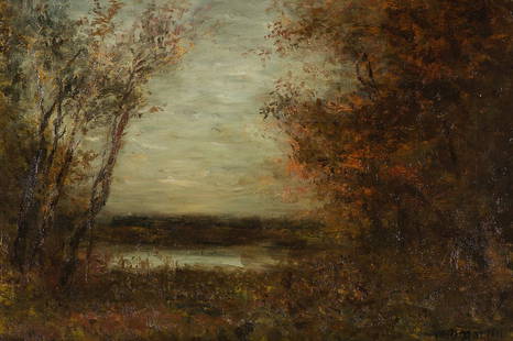 Homer D. Martin 'A Clearing in Thickly Wooded Forest': Homer Dodge Martin (American, 1836-1897) 'A Clearing in a Thickly Wooded Forest' Oil on canvas ; 11.75 x 17.625 (in) Signed H.D. Martin, lower right