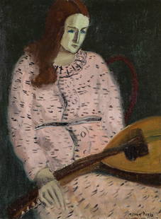 Milton Avery 'The Print Dress': Milton Avery (American, 1885-1965) 'The Print Dress (Woman with Mandolin)' c. 1935 Oil on canvas ; 24.25 x 18 (in) Signed Milton Avery, lower right Includes letter of authenticity from the Milton Aver