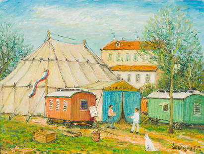 Alois Lecoque 'Circus Sarasani': Alois Lecoque (Czechoslovakian, 1891-1981) 'Circus Sarasani' 1975 Oil on canvas ; 18 x 24 (in) Signed and dated Lecoque 75, lower right and verso