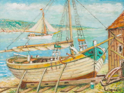 Alois Lecoque 'Drydock': Alois Lecoque (Czechoslovakian, 1891-1981) 'Drydock' 1977 Oil on canvas ; 18 x 24 (in) Signed Lecoque 77, lower right and verso