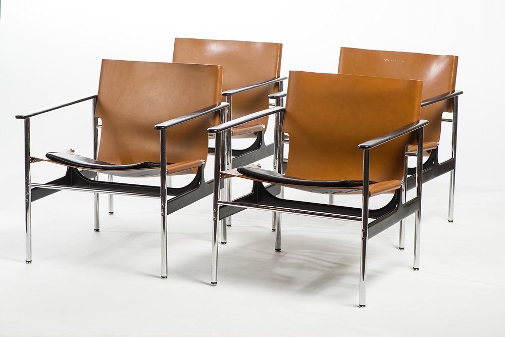Charles Pollock '657 Sling Chair for Knoll': Charles Pollock (American, 1930-2013) '657 Sling Chair for Knoll (set of 4)' 1960 Leather and chrome ; 28.25 x 24.75 x 26 (in) Dimensions are of each chair