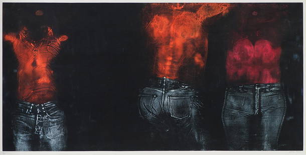 George Segal 'Three Figures in Red Shirt from...': George Segal (American, 1924-2000) 'Three Figures in Red Shirt from Blue Jeans' 1975Aquatint etching in colors on Fabrian Rosaspina paper ed 14 of 35; 40 x 80 (in)Signed and dated in pencil George