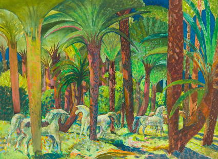 Millard Sheets 'Stallions and Date Palms': Millard Sheets (American, 1907-1989) 'Stallions and Date Palms' Watercolor on paper ; 22 x 30 (in) Signed in pencil Millard Sheets, lower left
